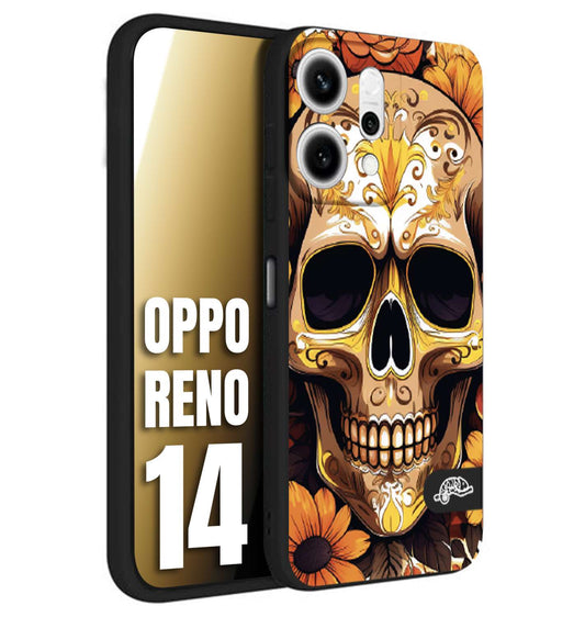 CUSTOMIZZA - Custodia cover nera morbida in tpu compatibile per Oppo Reno 14 teschio messicano colorato dorato fiori tattoo disegnato