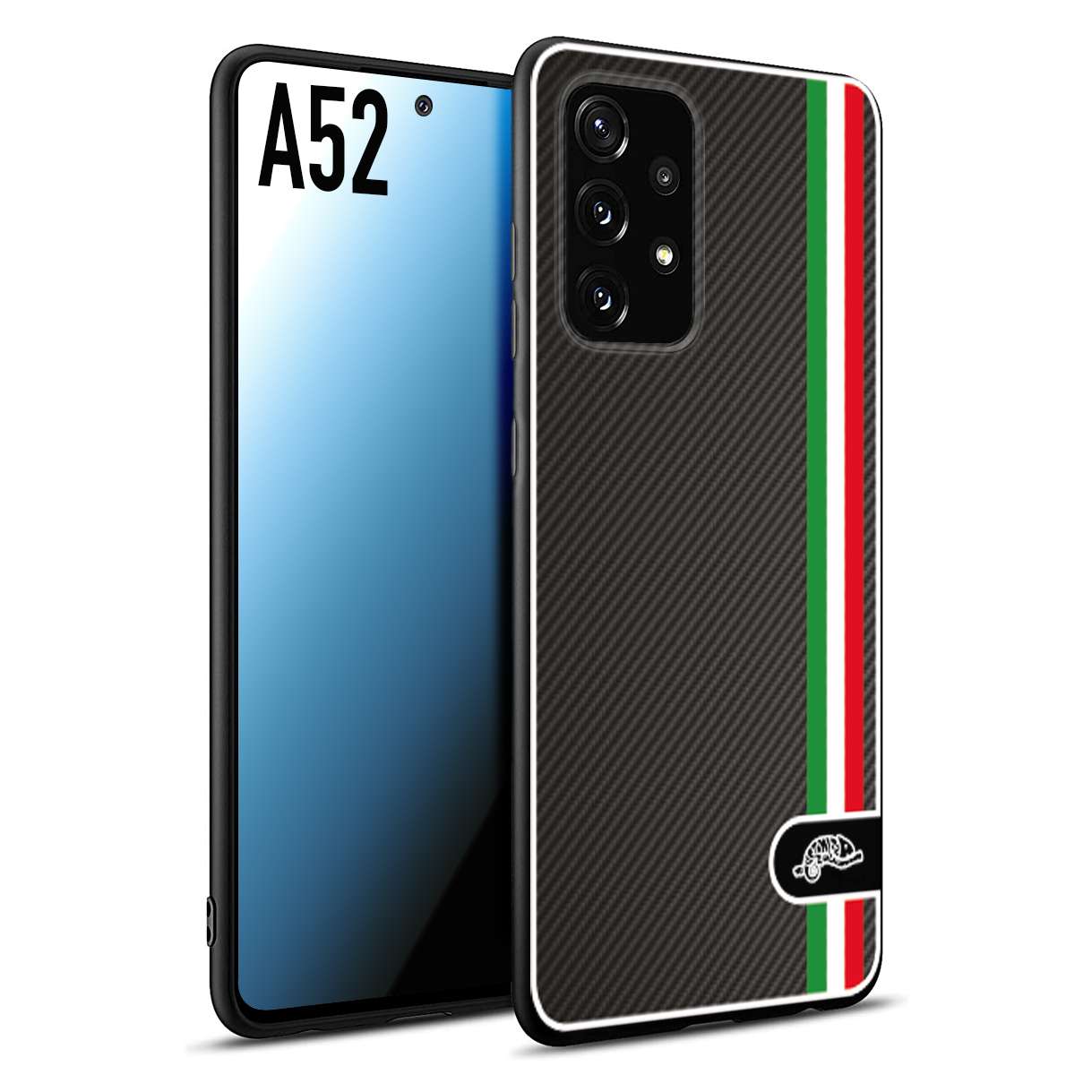 CUSTOMIZZA - Custodia cover nera morbida in tpu compatibile per Samsung A52 effetto fibra di carbonio bandiera Italia made in Italy