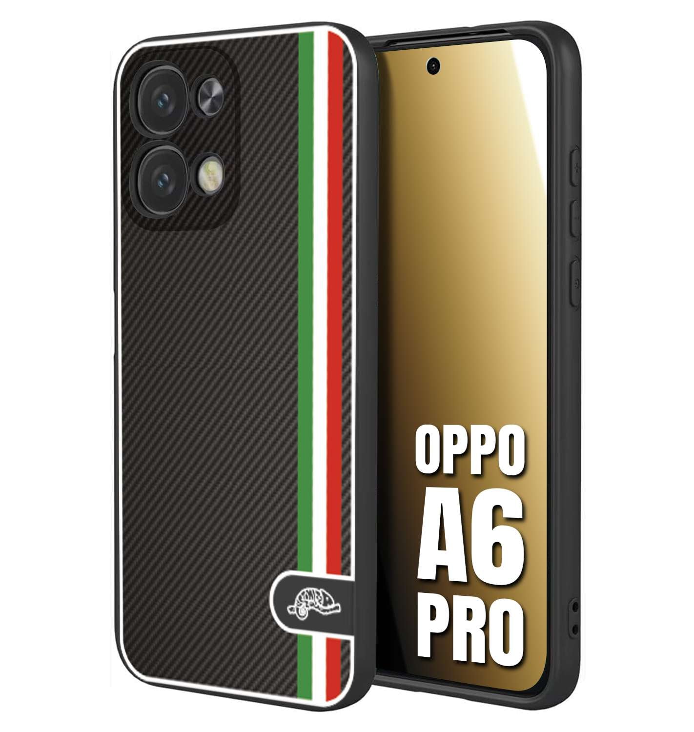 CUSTOMIZZA - Custodia cover nera morbida in tpu compatibile per Oppo A6 PRO effetto fibra di carbonio bandiera Italia made in Italy