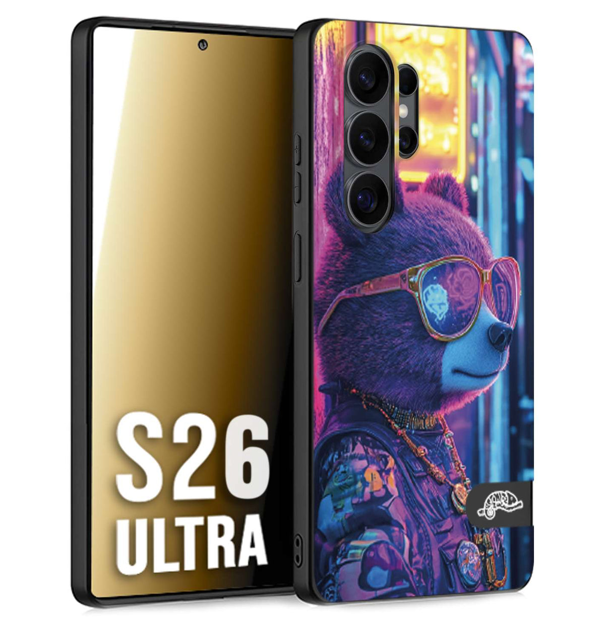 CUSTOMIZZA - Custodia cover nera morbida in tpu compatibile per Samsung S26 ULTRA animali cyberpunk orsetto orso street bear fucsia blu night