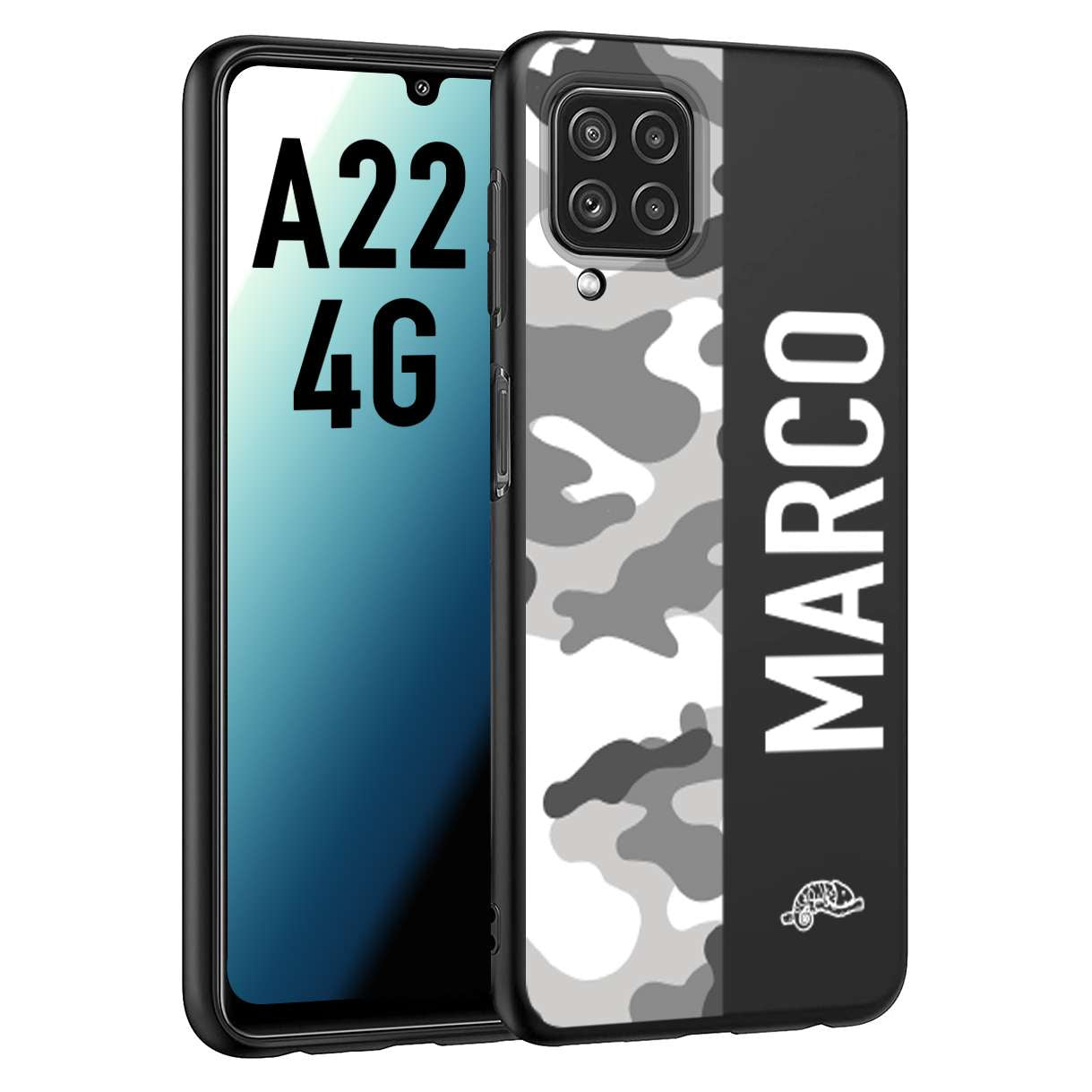 CUSTOMIZZA - Custodia cover nera morbida in tpu compatibile per Samsung A22 4G camouflage mimetico militare personalizzata nome bianco