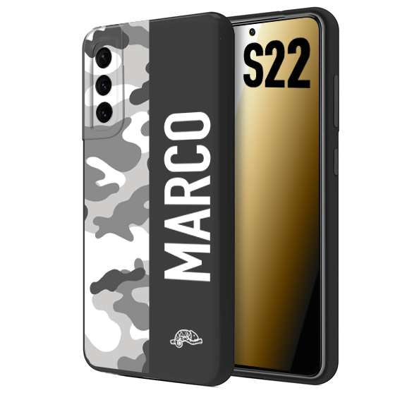 CUSTOMIZZA - Custodia cover nera morbida in tpu compatibile per Samsung S22 camouflage mimetico militare personalizzata nome bianco