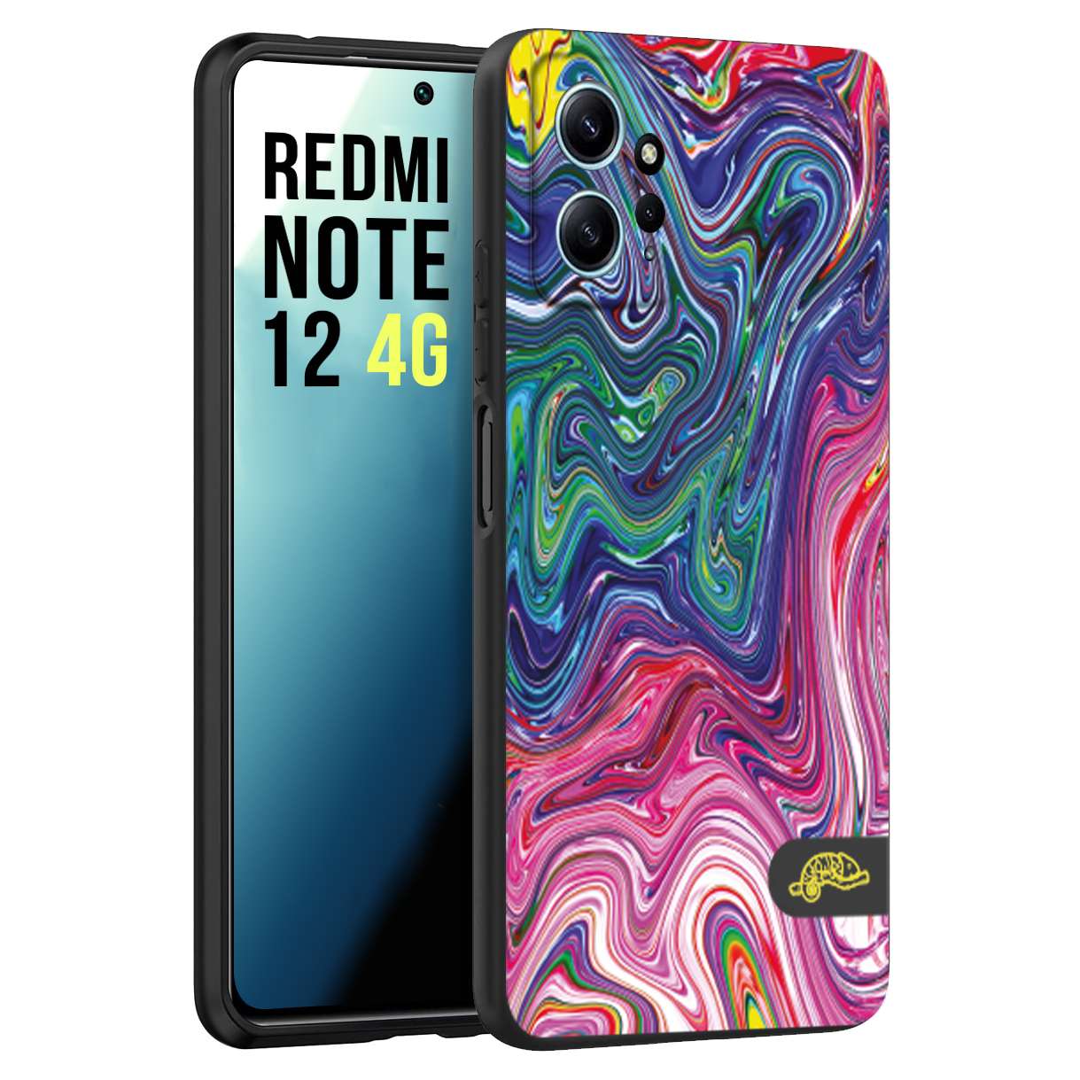 CUSTOMIZZA - Custodia cover nera morbida in tpu compatibile per Xiaomi Redmi Note 12 4G colorata fantasia vortice marmo arcobaleno rosa blu fucsia