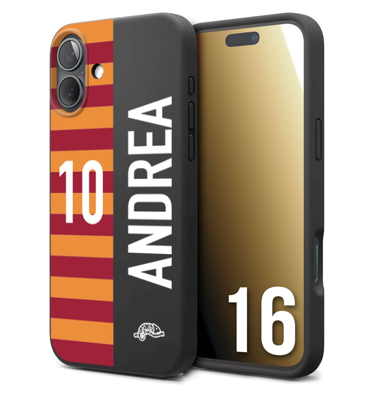 CUSTOMIZZA - Custodia cover nera morbida in tpu compatibile per iPhone 16 personalizzata calcio football nome e numero calciatori giallo rossi