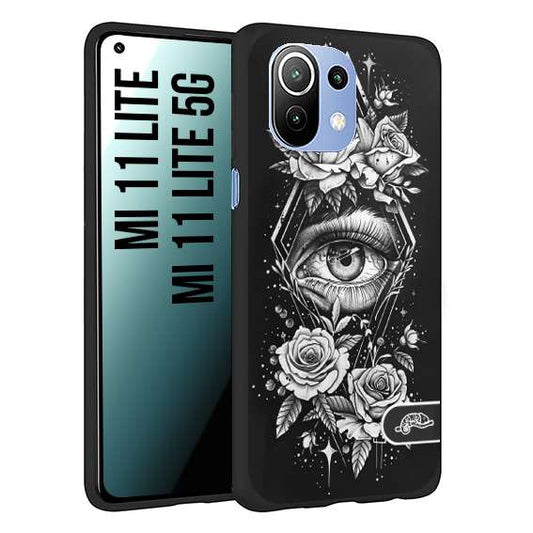 CUSTOMIZZA - Custodia cover nera morbida in tpu compatibile per Xiaomi Mi 11 Lite / Mi 11 Lite 5G occhio fiori rombo geometrico black and white bianco a rilievo disegnato tattoo tatuaggio