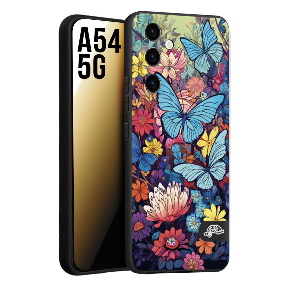 CUSTOMIZZA - Custodia cover nera morbida in tpu compatibile per Samsung A54 5G farfalle butterfly moderno donna disegnate gialla blu rosa