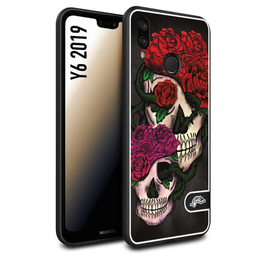 CUSTOMIZZA - Custodia cover nera morbida in tpu compatibile per Huawei Y6 2019 teschi e rose rosse fucsia skull and roses