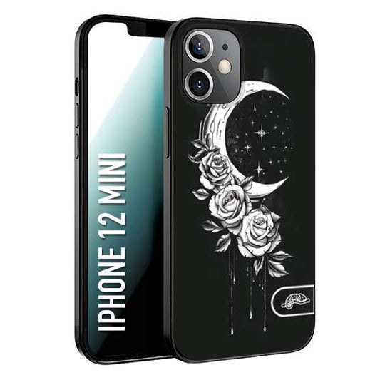 CUSTOMIZZA - Custodia cover nera morbida in tpu compatibile per iPhone 12 MINI luna e fiori moon flowers black and white bianco a rilievo disegnato tattoo tatuaggio