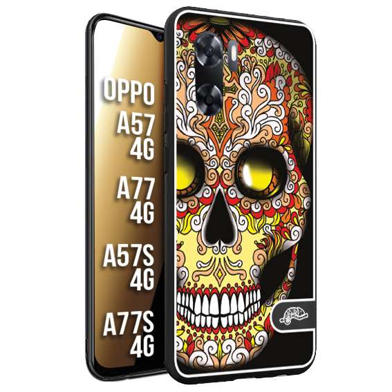 CUSTOMIZZA - Custodia cover nera morbida in tpu compatibile per Oppo A57 - A77 - A57S - A77S (4G) teschio messicano Mexican skull giallo rosso arancio