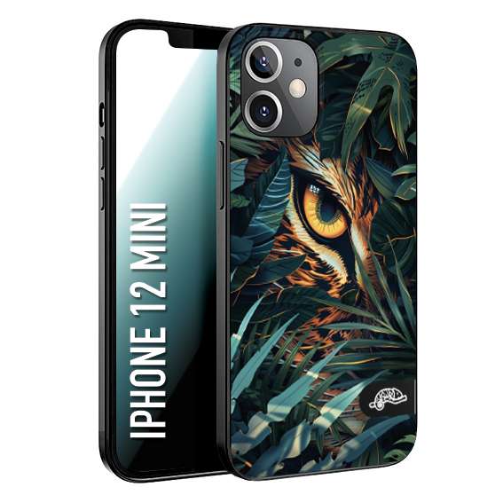 CUSTOMIZZA - Custodia cover nera morbida in tpu compatibile per iPhone 12 MINI animali color giungla tropicale occhio di giaguaro felino disegnato