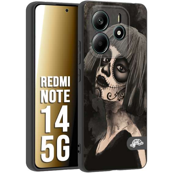 CUSTOMIZZA - Custodia cover nera morbida in tpu compatibile per Xiaomi Redmi Note 14 5G chicana messicana dea de la muerte donna santa tattoo disegnata