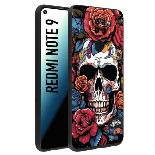 CUSTOMIZZA - Custodia cover nera morbida in tpu compatibile per Xiaomi Redmi Note 9 teschio skull flowers fiori rose rosse tattoo disegnato