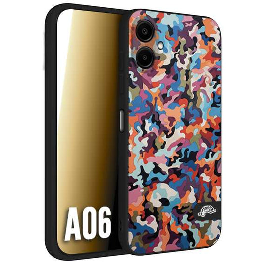 CUSTOMIZZA - Custodia cover nera morbida in tpu compatibile per Samsung A06 camouflage mimetico militare moderno blu arancio rosa