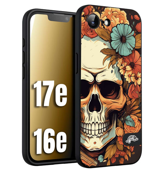 CUSTOMIZZA - Custodia cover nera morbida in tpu compatibile per iPhone 16E - 17E teschio skull flowers fiori autunnali arancio celeste tattoo