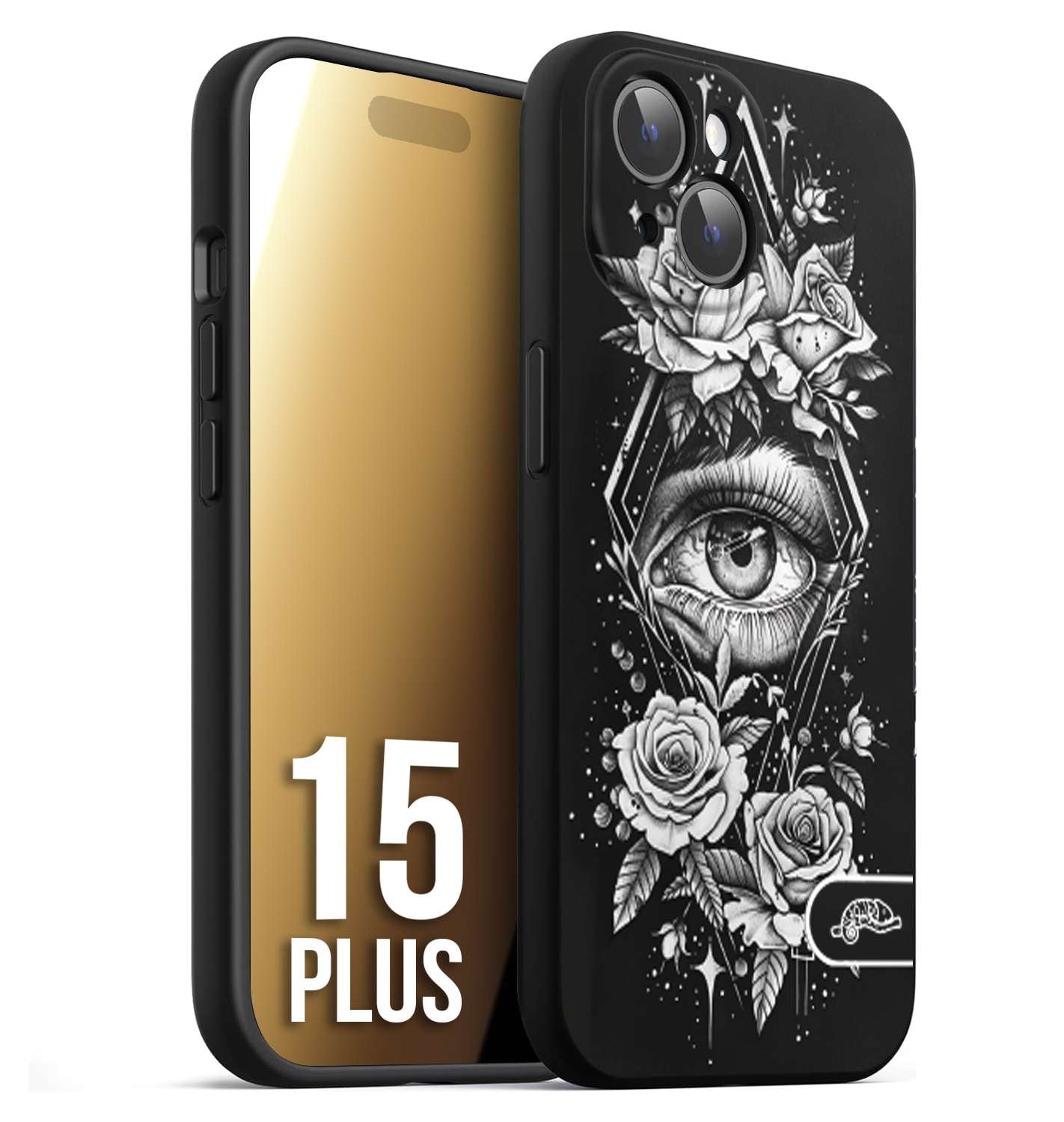 CUSTOMIZZA - Custodia cover nera morbida in tpu compatibile per iPhone 15 PLUS occhio fiori rombo geometrico black and white bianco a rilievo disegnato tattoo tatuaggio