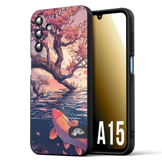 CUSTOMIZZA - Custodia cover nera morbida in tpu compatibile per Samsung A15 5G giapponese lago carpa koi rosa con foglie d'acero disegnata tattoo