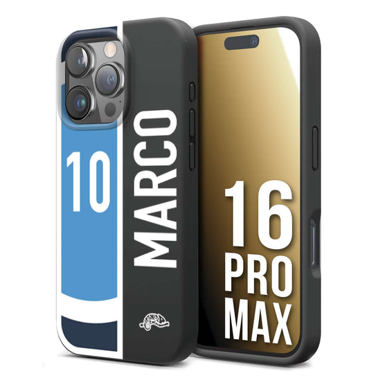 CUSTOMIZZA - Custodia cover nera morbida in tpu compatibile per iPhone 16 PRO MAX personalizzata calcio football nome e numero calciatori biancoazzurri bianco celesti