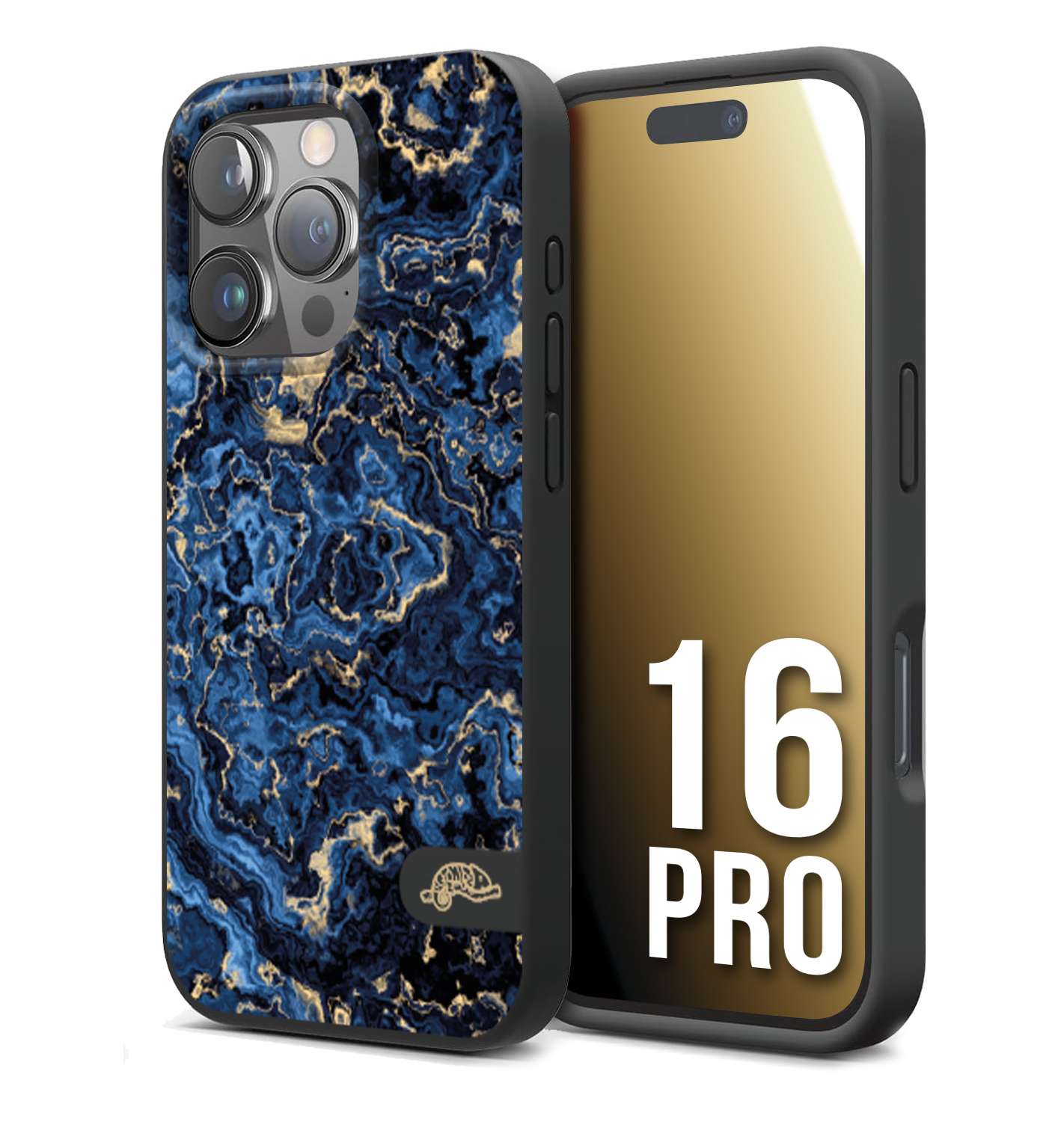 CUSTOMIZZA - Custodia cover nera morbida in tpu compatibile per iPhone 16 PRO effetto marmo marble blu venature dorato psichedelico