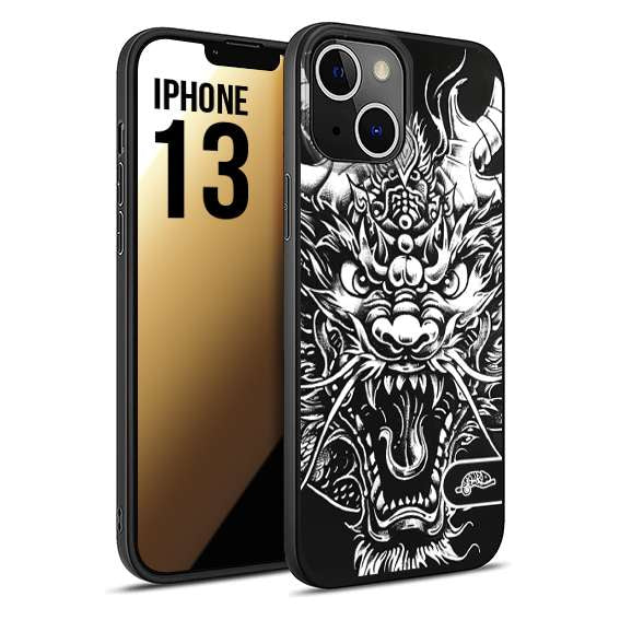 CUSTOMIZZA - Custodia cover nera morbida in tpu compatibile per iPhone 13 drago black and white bianco a rilievo disegnato tattoo tatuaggio