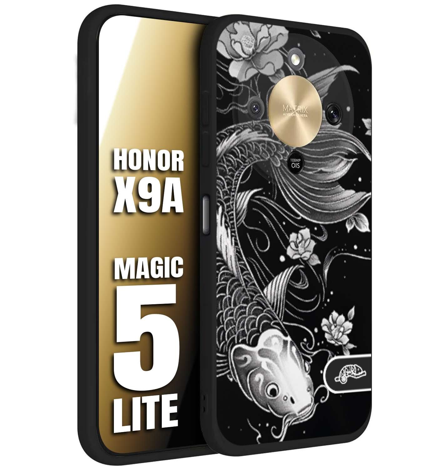 CUSTOMIZZA - Custodia cover nera morbida in tpu compatibile per Honor X9A - Honor Magic 5 Lite carpa koi black and white bianco a rilievo disegnato tattoo tatuaggio