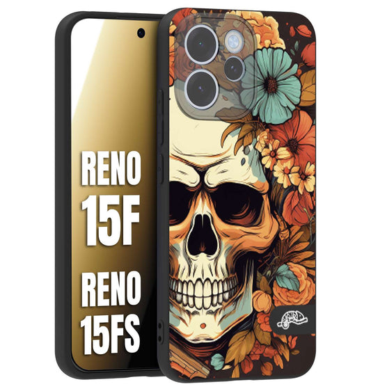 CUSTOMIZZA - Custodia cover nera morbida in tpu compatibile per Oppo Reno 15 F - Reno 15 FS teschio skull flowers fiori autunnali arancio celeste tattoo
