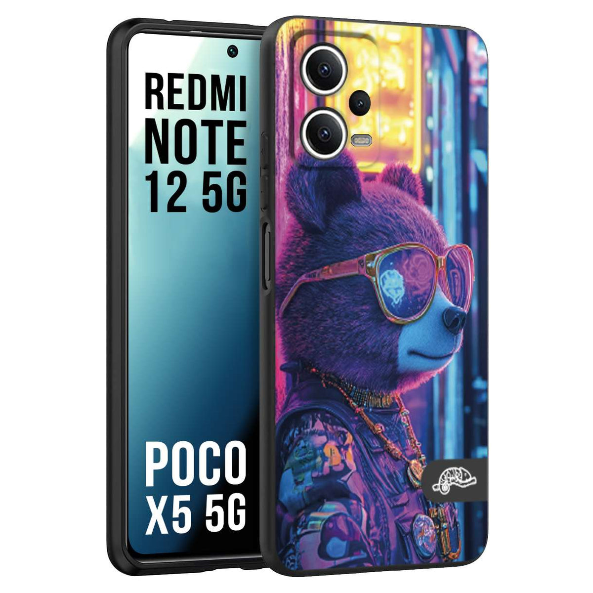 CUSTOMIZZA - Custodia cover nera morbida in tpu compatibile per Xiaomi Redmi Note 12 5G - POCO X5 5G animali cyberpunk orsetto orso street bear fucsia blu night
