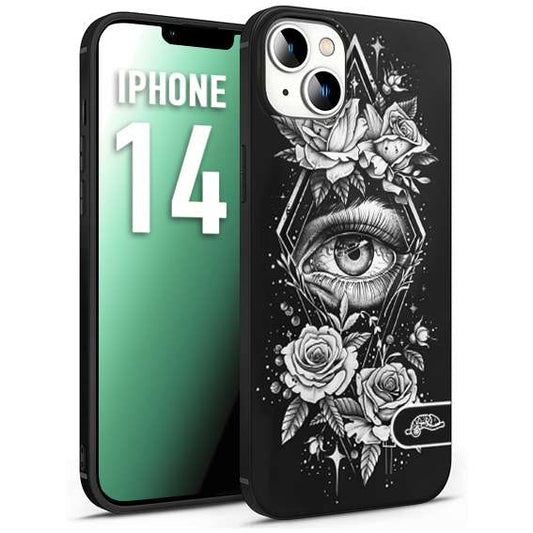 CUSTOMIZZA - Custodia cover nera morbida in tpu compatibile per iPhone 14 occhio fiori rombo geometrico black and white bianco a rilievo disegnato tattoo tatuaggio