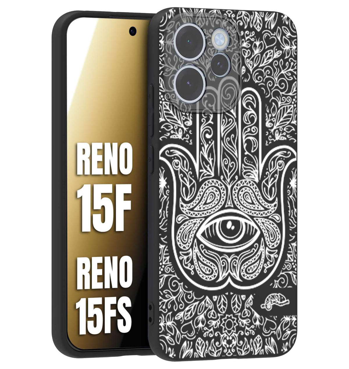 CUSTOMIZZA - Custodia cover nera morbida in tpu compatibile per Oppo Reno 15 F - Reno 15 FS mano di fatima effetto rilievo mandala donna