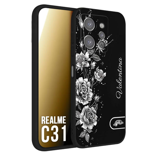 CUSTOMIZZA - Custodia cover nera morbida in tpu compatibile per Oppo Realme C31 a rilievo soft touch personalizzata nome rose fiori donna