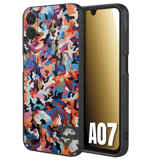 CUSTOMIZZA - Custodia cover nera morbida in tpu compatibile per Samsung A07 camouflage mimetico militare moderno blu arancio rosa