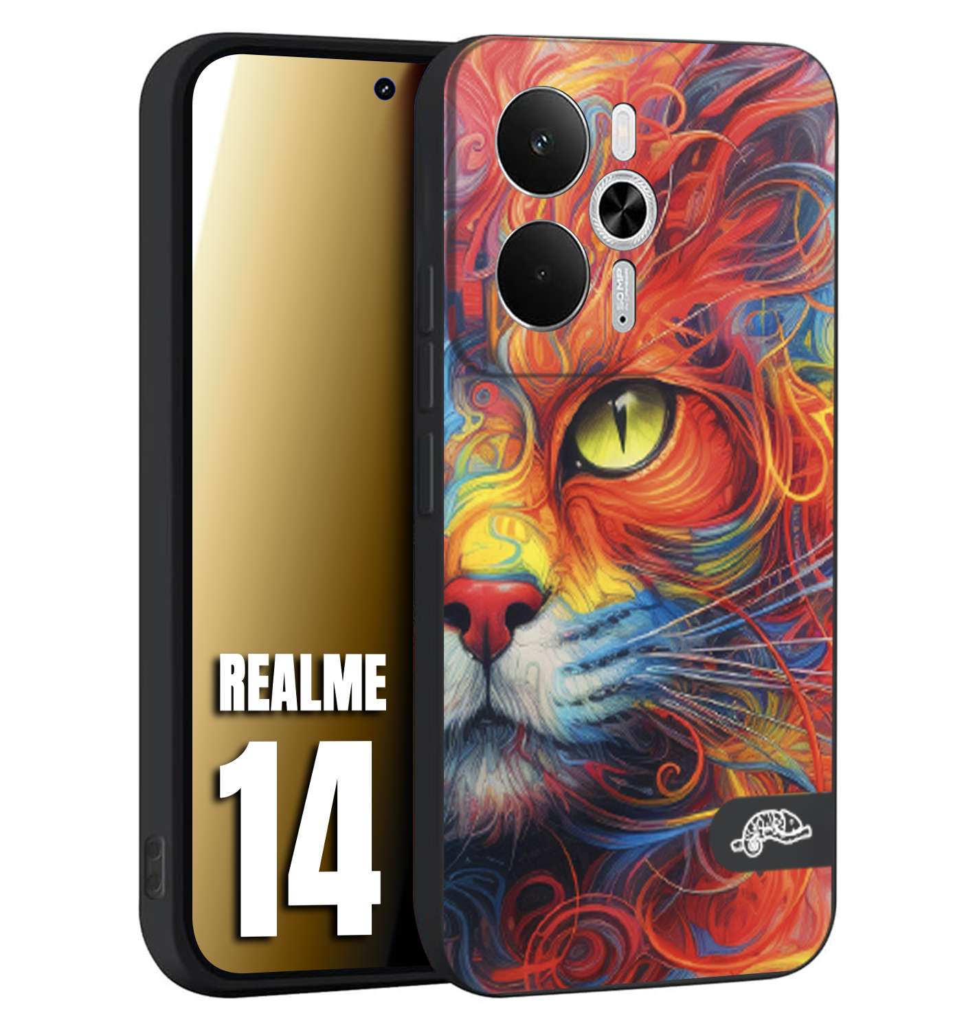 CUSTOMIZZA - Custodia cover nera morbida in tpu compatibile per Realme 14 5G animali color cat gatto viso colori vibranti disegnato schizzo