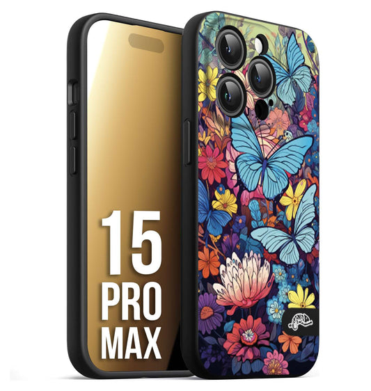 CUSTOMIZZA - Custodia cover nera morbida in tpu compatibile per iPhone 15 PRO MAX farfalle butterfly moderno donna disegnate gialla blu rosa