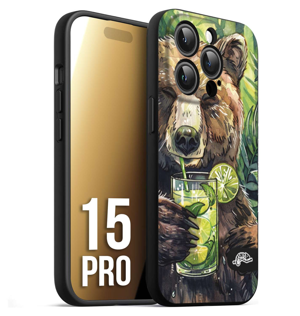 CUSTOMIZZA - Custodia cover nera morbida in tpu compatibile per iPhone 15 PRO fiori estate disegnata cocktails animali simpatici orso bear negroni