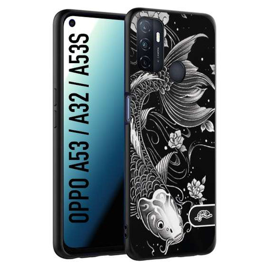 CUSTOMIZZA - Custodia cover nera morbida in tpu compatibile per Oppo A53 - A32 - A53S carpa koi black and white bianco a rilievo disegnato tattoo tatuaggio