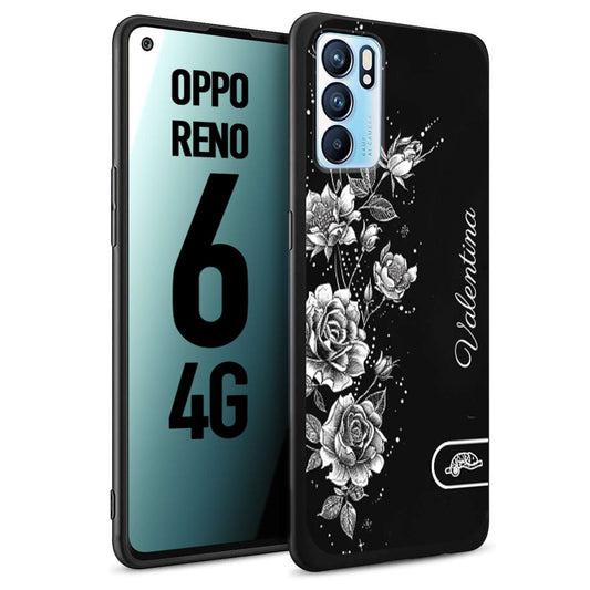 CUSTOMIZZA - Custodia cover nera morbida in tpu compatibile per Oppo Reno 6 4G a rilievo soft touch personalizzata nome rose fiori donna