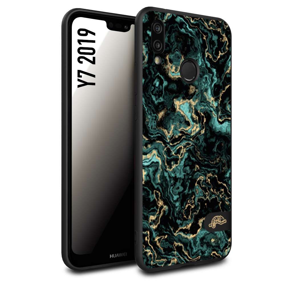 CUSTOMIZZA - Custodia cover nera morbida in tpu compatibile per Huawei Y7 2019 effetto marmo marble verde green venature dorato pietra