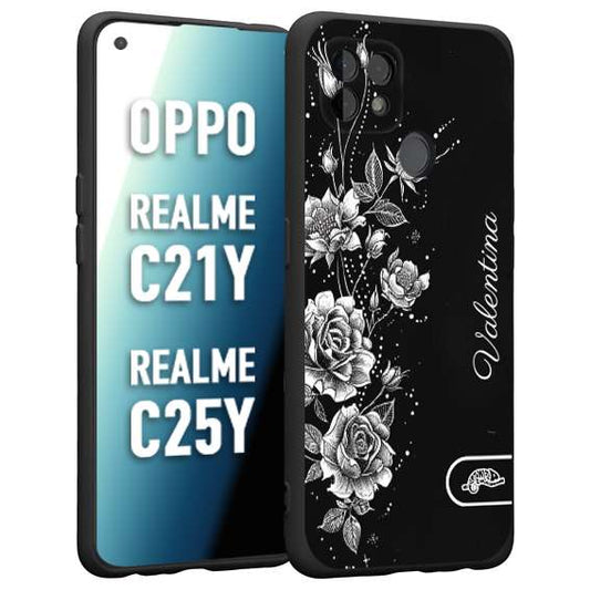 CUSTOMIZZA - Custodia cover nera morbida in tpu compatibile per Oppo Realme C21Y - C25Y a rilievo soft touch personalizzata nome rose fiori donna