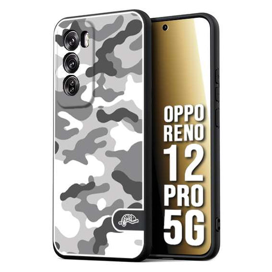 CUSTOMIZZA - Custodia cover nera morbida in tpu compatibile per Oppo Reno 12 PRO 5G camouflage mimetico militare bianco white