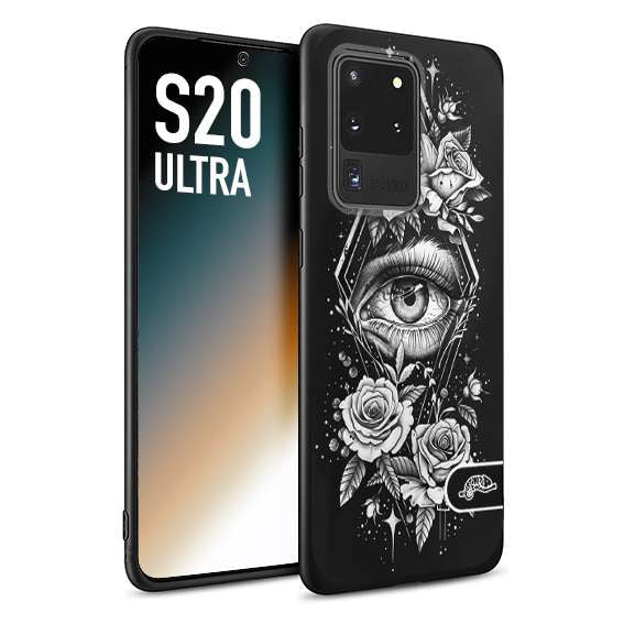 CUSTOMIZZA - Custodia cover nera morbida in tpu compatibile per Samsung S20 ULTRA occhio fiori rombo geometrico black and white bianco a rilievo disegnato tattoo tatuaggio