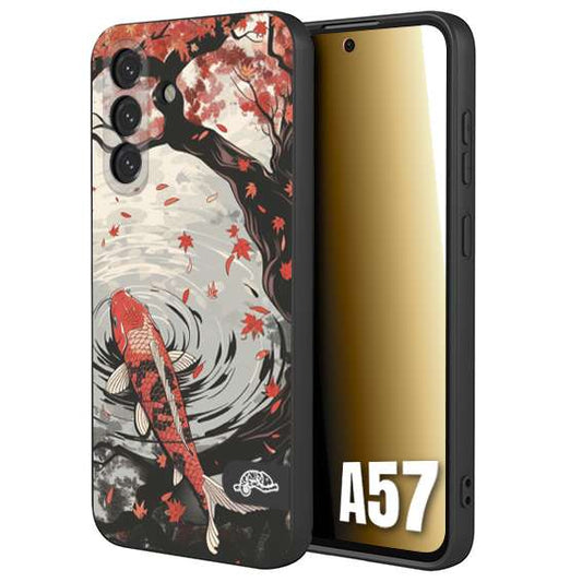 CUSTOMIZZA - Custodia cover nera morbida in tpu compatibile per Samsung A57 giapponese lago carpa koi rossa con foglie d'acero rosso disegnata tattoo