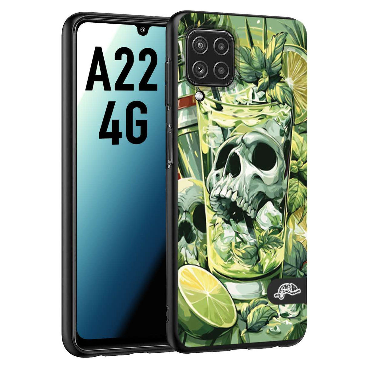 CUSTOMIZZA - Custodia cover nera morbida in tpu compatibile per Samsung A22 4G Mojito cocktail teschio illustrazione drink lime menta ghiacci tropicale street art