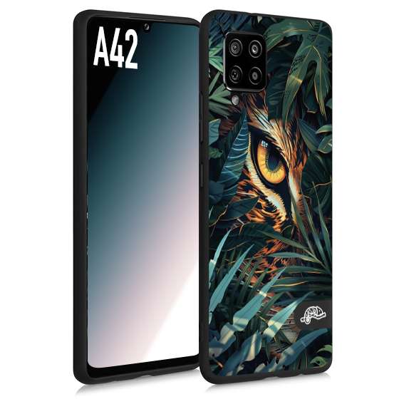 CUSTOMIZZA - Custodia cover nera morbida in tpu compatibile per Samsung A42 animali color giungla tropicale occhio di giaguaro felino disegnato
