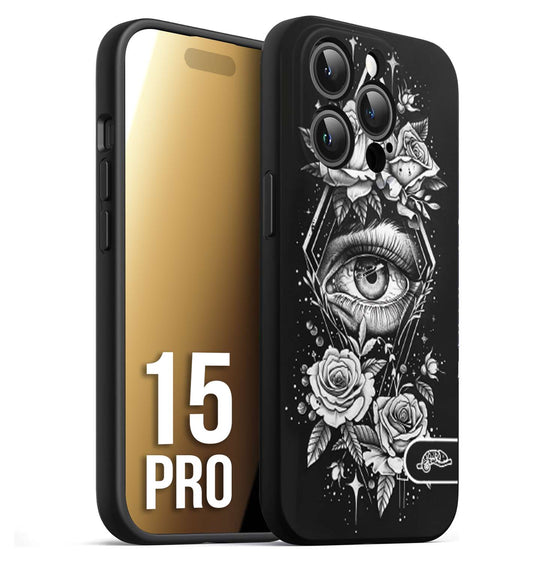 CUSTOMIZZA - Custodia cover nera morbida in tpu compatibile per iPhone 15 PRO occhio fiori rombo geometrico black and white bianco a rilievo disegnato tattoo tatuaggio