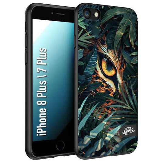 CUSTOMIZZA - Custodia cover nera morbida in tpu compatibile per iPhone 7 Plus - 8 plus animali color giungla tropicale occhio di giaguaro felino disegnato