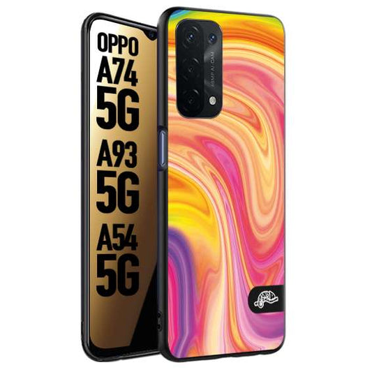 CUSTOMIZZA - Custodia cover nera morbida in tpu compatibile per Oppo A74 5G - A93 5G - A54 5G colorata fantasia vortice marmo onde rosa fucsia gialla