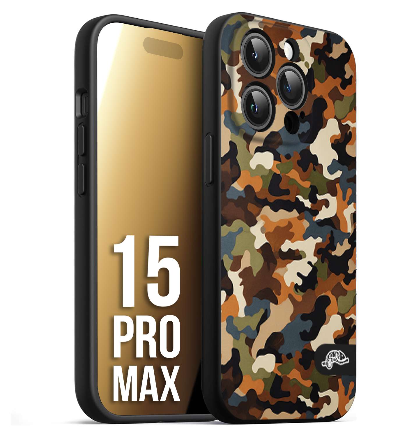 CUSTOMIZZA - Custodia cover nera morbida in tpu compatibile per iPhone 15 PRO MAX camouflage mimetico militare moderno blu marrone beige