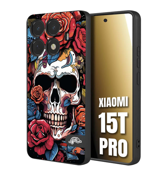 CUSTOMIZZA - Custodia cover nera morbida in tpu compatibile per Xiaomi 15T PRO teschio skull flowers fiori rose rosse tattoo disegnato