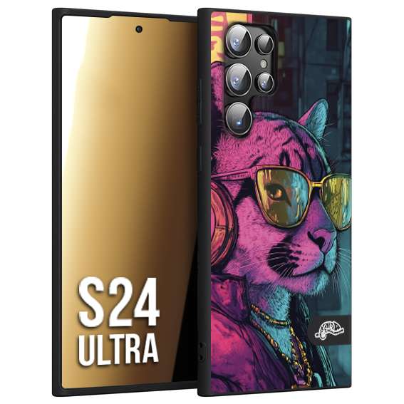 CUSTOMIZZA - Custodia cover nera morbida in tpu compatibile per Samsung S24 ULTRA animali cyberpunk pantera street cat fucsia blu giallo