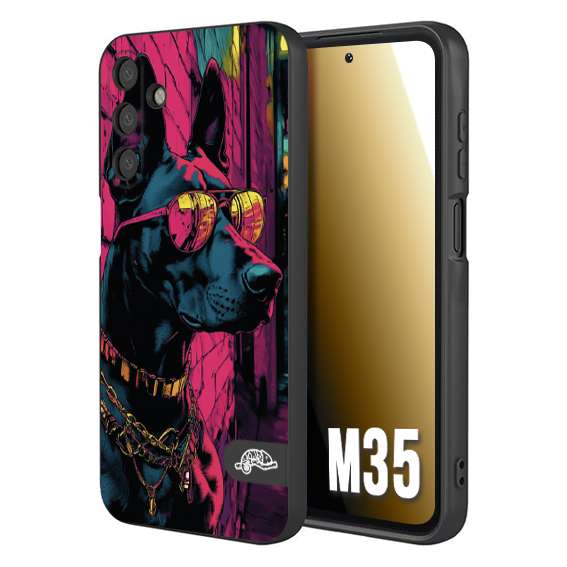 CUSTOMIZZA - Custodia cover nera morbida in tpu compatibile per Samsung M35 animali cyberpunk dobermann cane street dog fucsia blu
