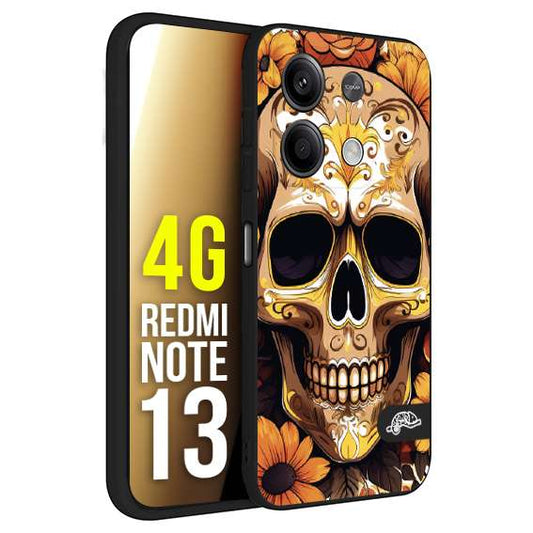 CUSTOMIZZA - Custodia cover nera morbida in tpu compatibile per Xiaomi Redmi Note 13 4G teschio messicano colorato dorato fiori tattoo disegnato